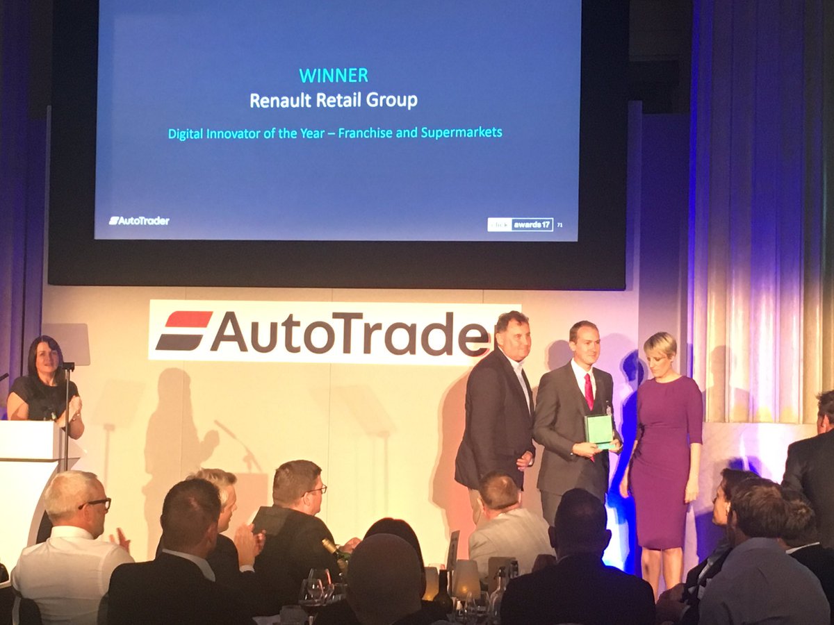 RenaultRetailUK's tweet photo. We're proud to announce that we won 'Digital Innovator of the Year' (Franchise & Supermarkets) at the #ATClickAwards 2017! @AutoTrader_UK https://t.co/v7fxLYwXZg
