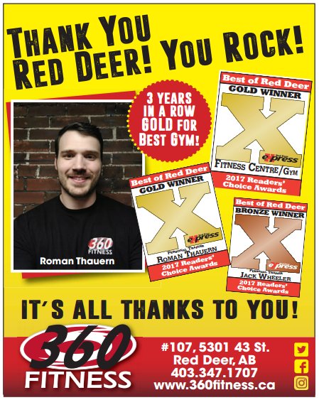 360FitnessRD's tweet photo. Double Gold! Thank you, #RedDeer! What an amazing &amp; humbling honor to be named Best Gym in RD along with Roman being named best Trainer. THX https://t.co/yMjuUKh1AX