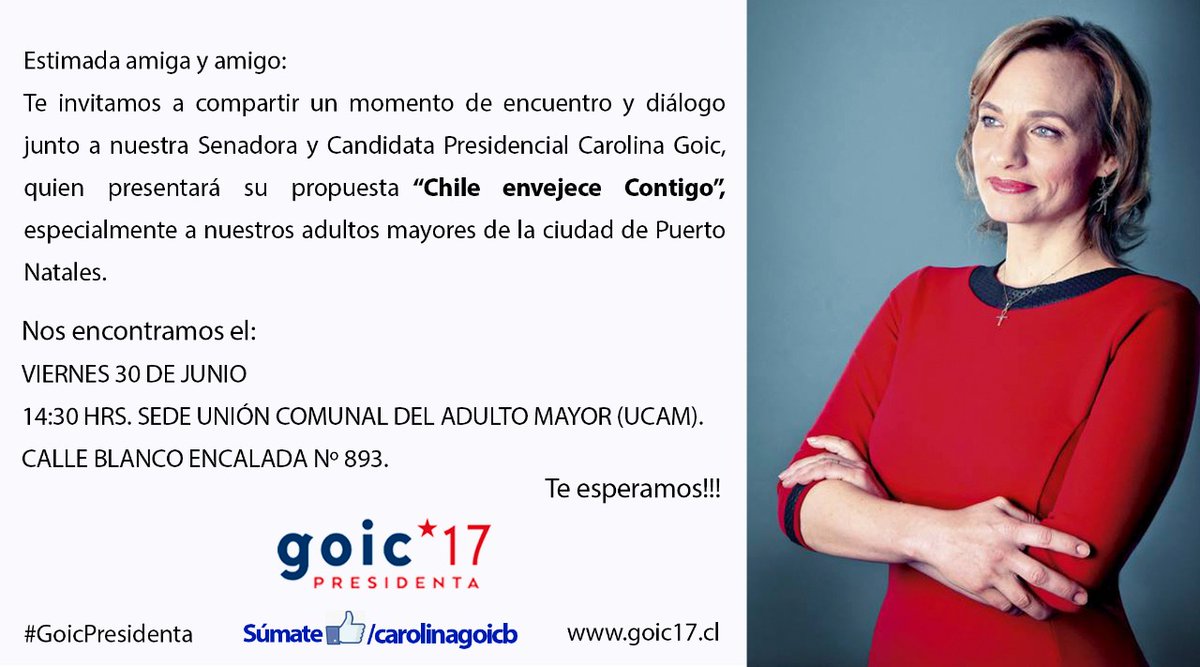 PDC_Chile's tweet photo. Atención Puerto Natales‼️Viernes 30 @carolinagoic presentará propuesta "Chile envejece contigo" en sede comunal del Adulto Mayor. #Goic17 🇨🇱 https://t.co/4kcXQwwa2f