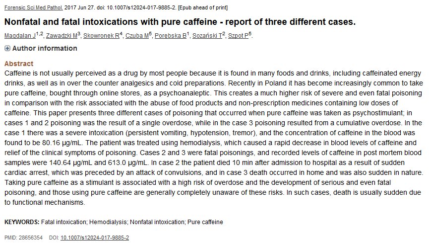 Neuro_Skeptic's tweet photo. A case of fatal caffeine poisoning: victim's blood contained 0.6 mg/mL https://t.co/V0sustn1Yu Blood was stronger than the average coffee! 😨 https://t.co/P2vrWyOzZk
