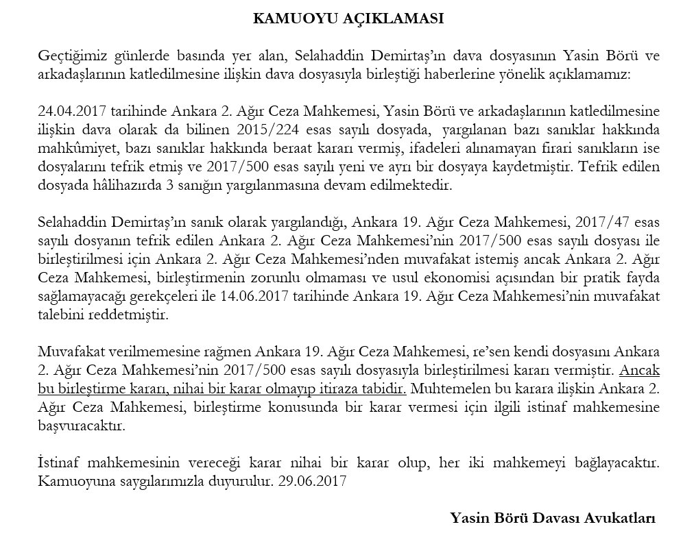 Yasin Börü dava dosyası ile Selahaddin Demirtaş'ın yargılandığı dava dosyasının birleştirilmesi haberlerine yönelik açıklamamız.