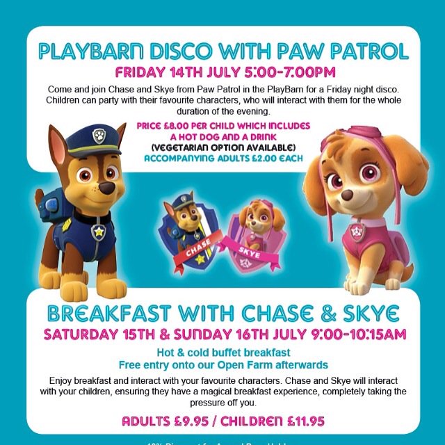 Chase and Skye @GreenlandsFarm.Dance at the disco or enjoy breakfast with your favourite character @VisitLancashire
