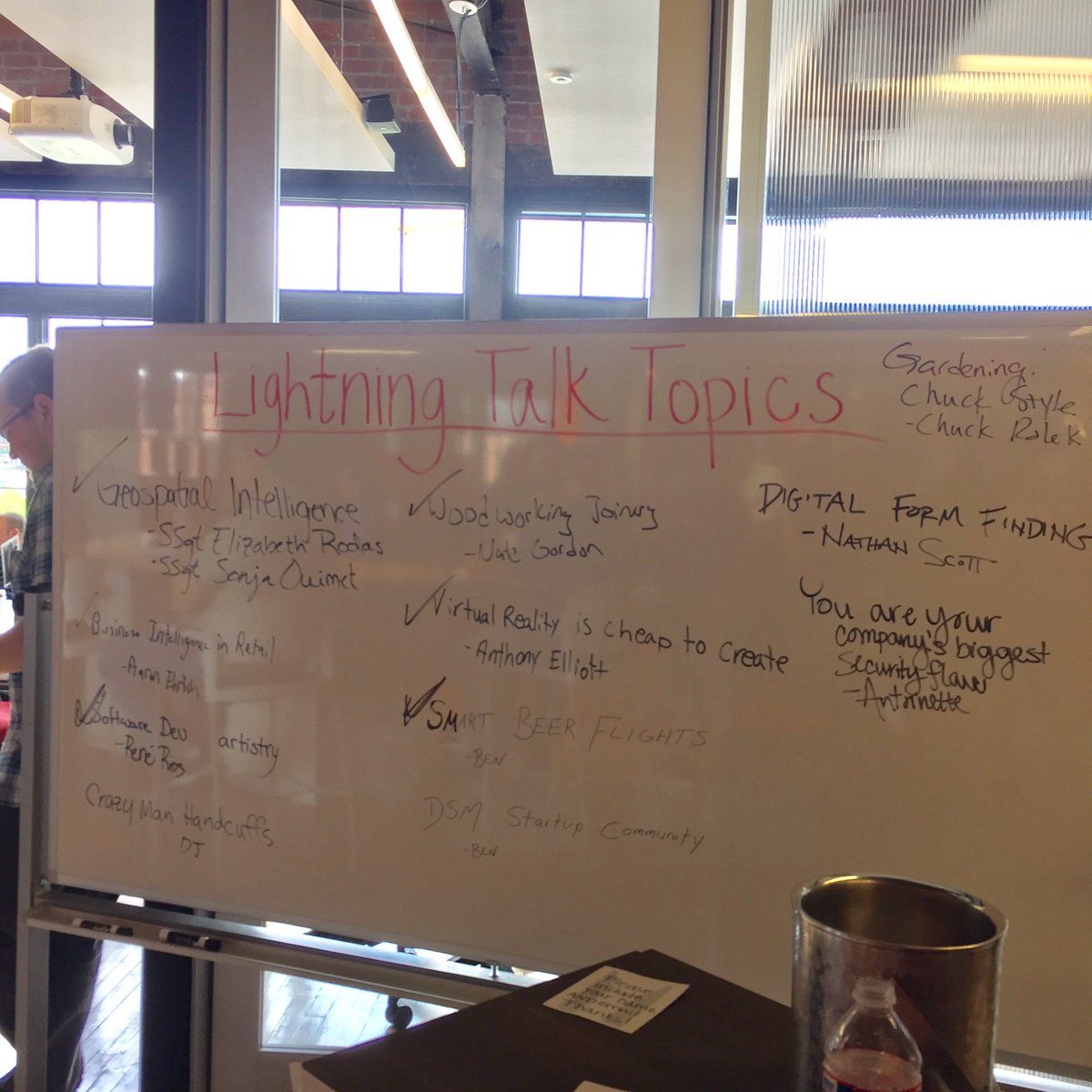 kimmcwallen's tweet photo. Such variety of topics for lightning talks!I needed this today. #TechYeah #Gardening #Beer #TopSecret #dontclickthat #handcuffs @PillarTech https://t.co/uIIxM0mjPs