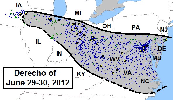 NWSRaleigh's tweet image. #OTD 5 years ago, central NC was impacted by the Ohio Valley/Mid-Atlantic derecho and beginning a record-breaking heat wave. #ncwx