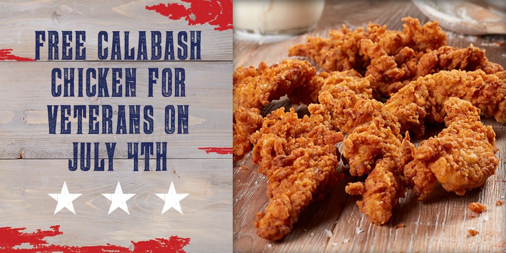 fatzcafe's tweet photo. Veterans &amp; active military personnel, thank you for our freedom! We invite you in on July 4th for a Free Calabash Chicken Plate. #america 🇺🇸 https://t.co/IWZmESdPyJ