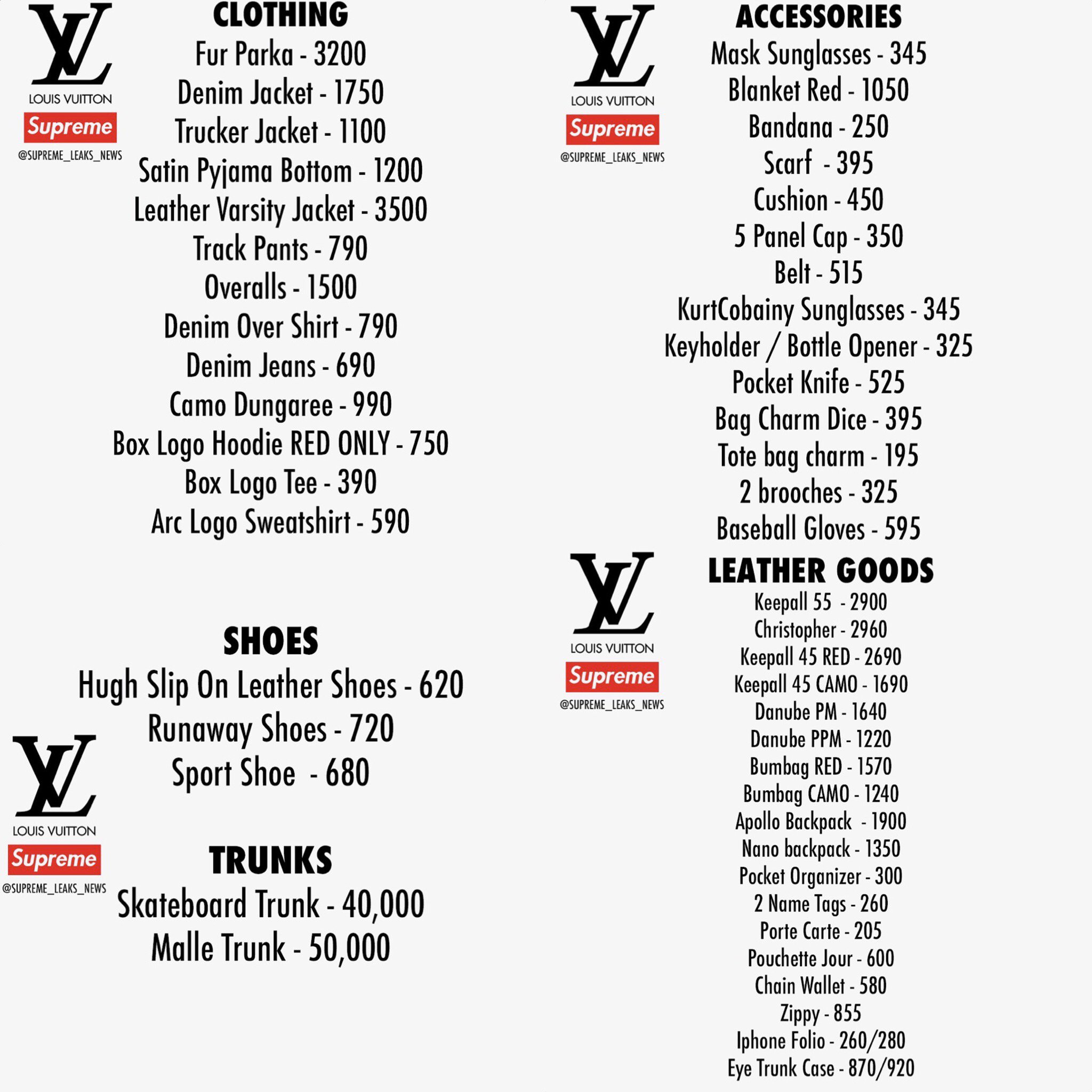 Heated Sneaks on X: Supreme x Louis Vuitton full drop list with prices.  Have your 💸 ready for this one. #Hype    / X