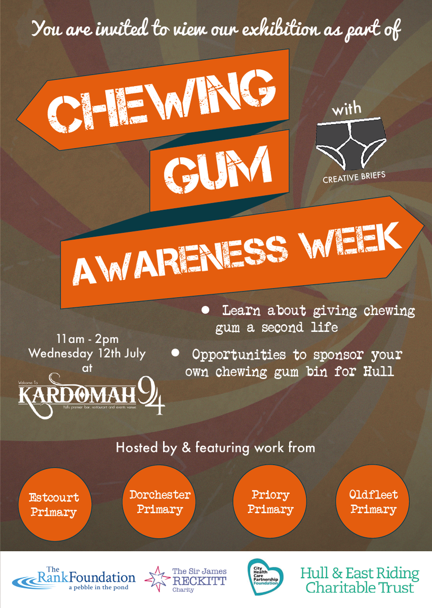 briefsnotpants's tweet photo. Inviting y'all to our exhibition for #ChewingGumAwarenessWeek @Kardomah94. We'll send out personal invites too with the help of the schools. https://t.co/IU6Sc4FYRT