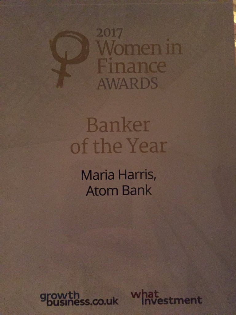 Awesome Atom's Maria Harris - winner at the inaugural #womeninfinance awards. Makes the heart beat faster.