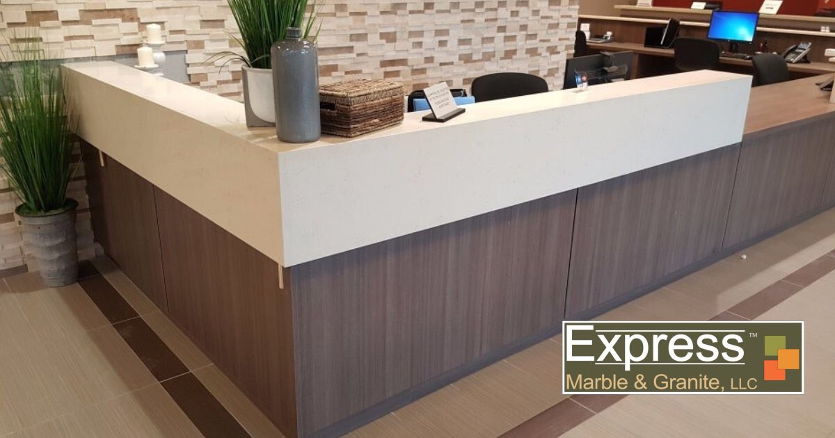Beautiful job we did for a medical office. Venus Marfil #quartz, mitered edge &amp; Zodiac Sage quartz with flat polish edge. #countertops