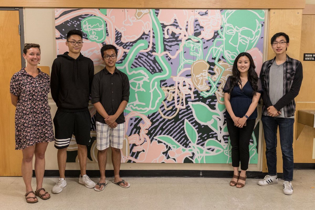 A proud artist, teacher, and students! The mural made with #recycled paint was rewarded to <a href="/ARMacBusiness/">MacNeill Business Ed</a> for their <a href="/BCGreenGames/">BC Green Games</a> project