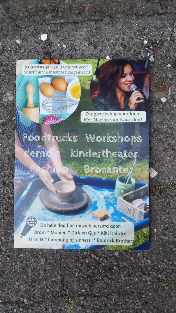 Morgen 1 juli Festival Geniet in Wemeldinge! Hele dag live muziek, workshops, foodtrucks, kindertheater,demonstraties en 65 kramen!!