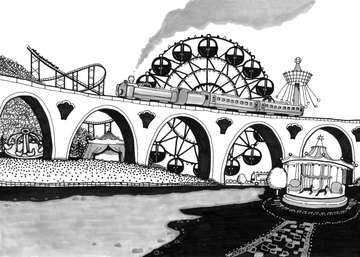 マキバドリ 7 23 8 8個展 Twitterissa 渓谷に遊園地があって 橋があって それを見下ろす観光列車が通るんです 景色を見るためスピードを落として走ります そういう場所を考えていました 空想遊園地 観覧車 ジェットコースター メリーゴーラウンド 汽車