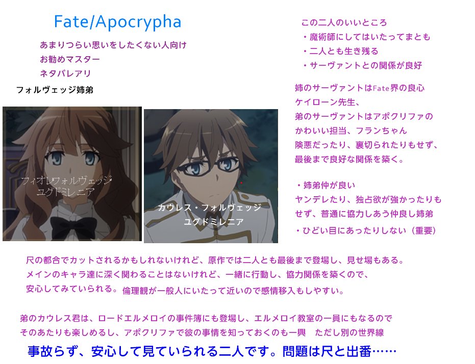 とりこ Twitterissa 7 1からアニメ Fate Apocrypha が始まるそうなので わたしのオススメマスターであるフォルヴェッジ姉弟をプレゼンしてみました 原作のネタバレありまくり 落ち着いて観たい人にオススメの姉妹です