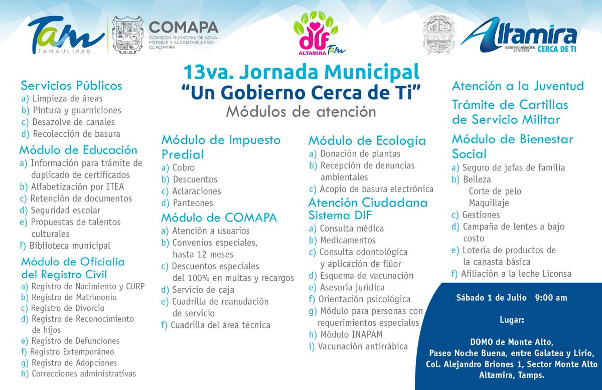 GobAltamira's tweet photo. Asiste a la 13va. Jornada Municipal "Un Gobierno #CercDeTi esté sábado en el DOMO de Monte Alto, en la col. Alejandro Briones 1 en #Altamira https://t.co/AORknKRo0c