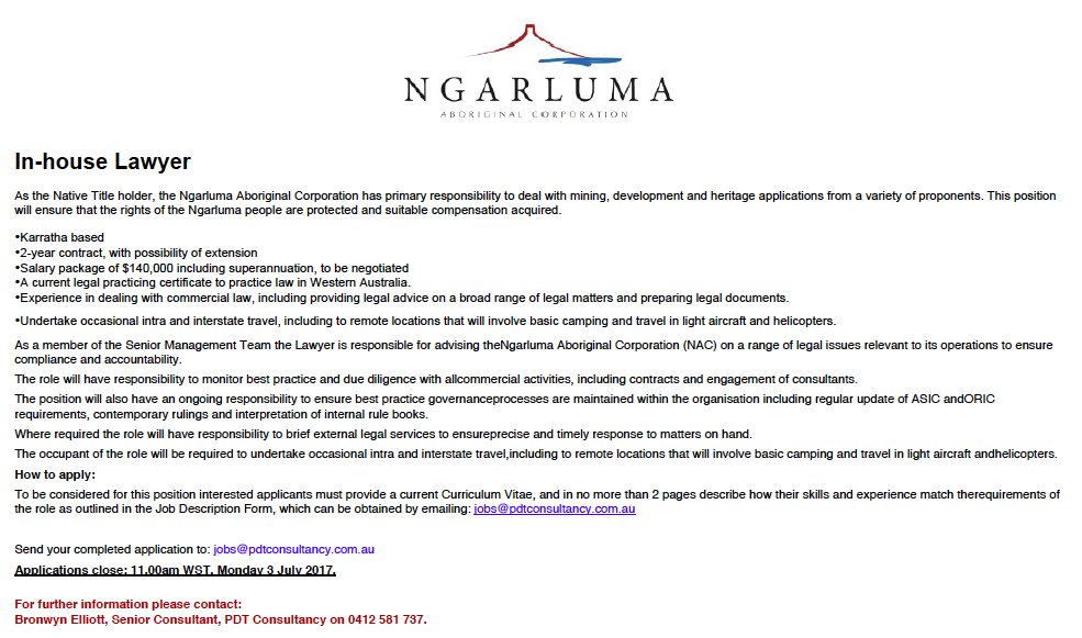 JoinFDIO's tweet image. Pilbara-based Ngarluma Aboriginal Corporation is seeking an In-house Lawyer.