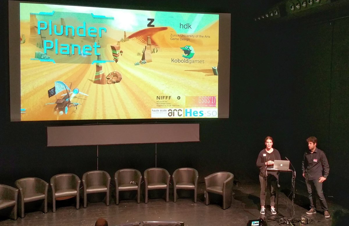 Koboldgames's tweet photo. Ralf &Anna, presenting #plunderplanet at #seriousgame symposium @gamedesign_zhdk #gsgs17 #SwissGames https://t.co/FOIb8ddijH