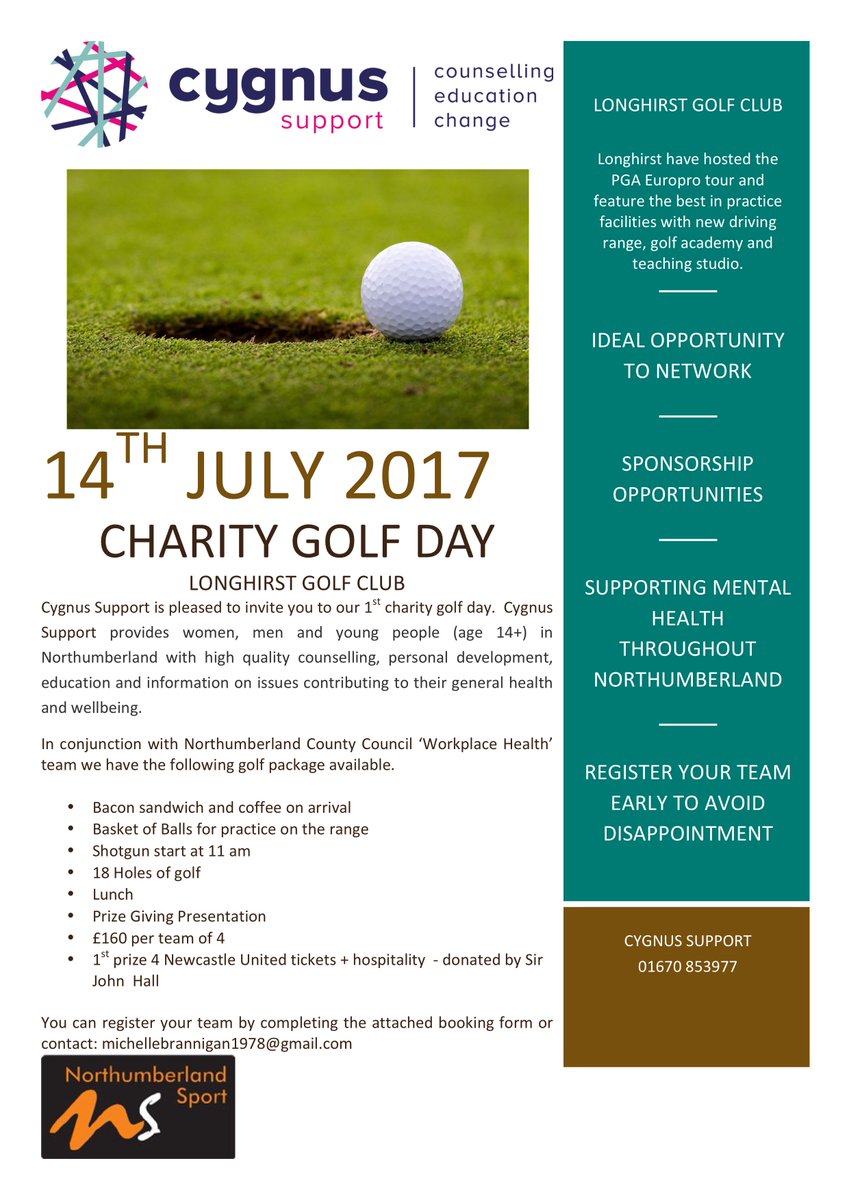 Raise awareness of mental health whilst enjoying a friendly game of golf &amp; win NUFC tickets. <a href="/longhirstgolf/">Longhirst Golf</a> @NldSport <a href="/NUFC/">Newcastle United</a> <a href="/CygnusSupport1/">Cygnus Support</a>