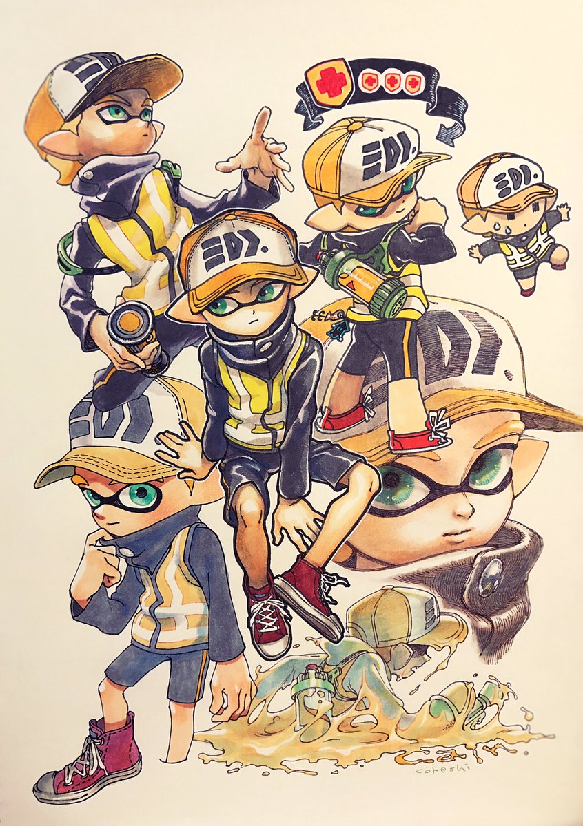 インクリング ,イカボーイ(スプラトゥーン) 「ヤコメッシュ、ヒーロージャケットレプリカ、キャンバスHiトマト 」|こけしのイラスト