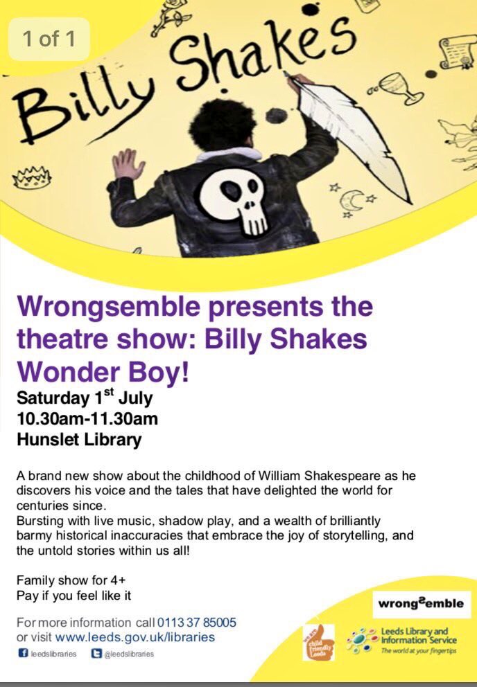wrongsemble's tweet image. Our #BillyShakes is back on the road today @leedslibraries #HunsletLibrary schools show! Catch us there tomorrow at 10.30am for families!