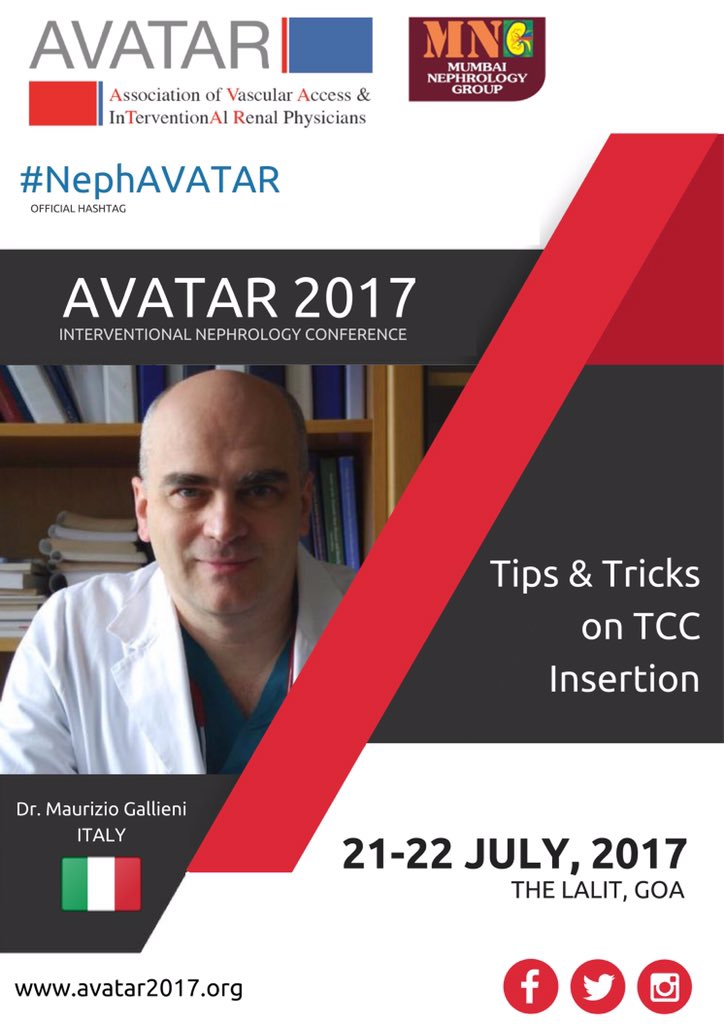 arvindcanchi's tweet photo. All about dialysis #caths and #veins.
#vascularaccess 
Avatar 2017 Conference, July 21-22
Follow #NephAVATAR https://t.co/wene4tzp3d