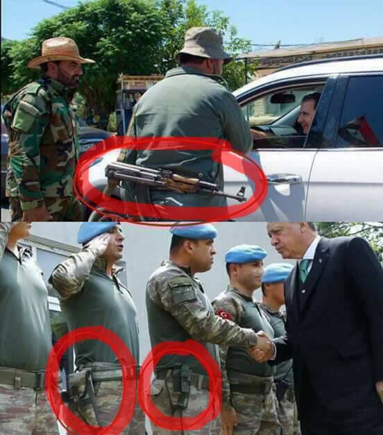 الأسد يصافح بالصدفة جندياً مدججاً بسلاح!
وأردوغان يصافح عسكرييه المنزوعي السلاح!
بين رئيس مطْمَئنّ ورئيس خائف مسافة أمان إسمها حُبّ الناس...