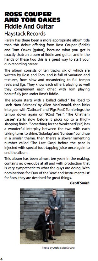 Shire Folk Album Review of the Day is 'Fiddle and Guitar' by Ross Cooper &amp; Tom Oakes <a href="/rossandtom/">Ross and Tom</a> <a href="/RossCouper/">Ross Couper</a> <a href="/TomOakes/">Tom Oakes</a>