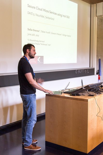 SERECA4's tweet photo. Stefan Brenner at #DAIS2017 presenting a paper: "Secure #Cloud Micro-Services using #IntelSGX" #H2020 https://t.co/QuU7K6ebGK