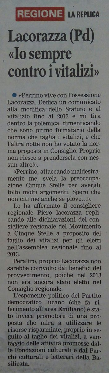 AbitareFuturo's tweet photo. @pierolacorazza su @GazzettaPotenza chiarisce primo firmatario norma ke taglia i vitalizi e non ho votato quella presentata in @CRBasilicata https://t.co/ow1ggZhIDM