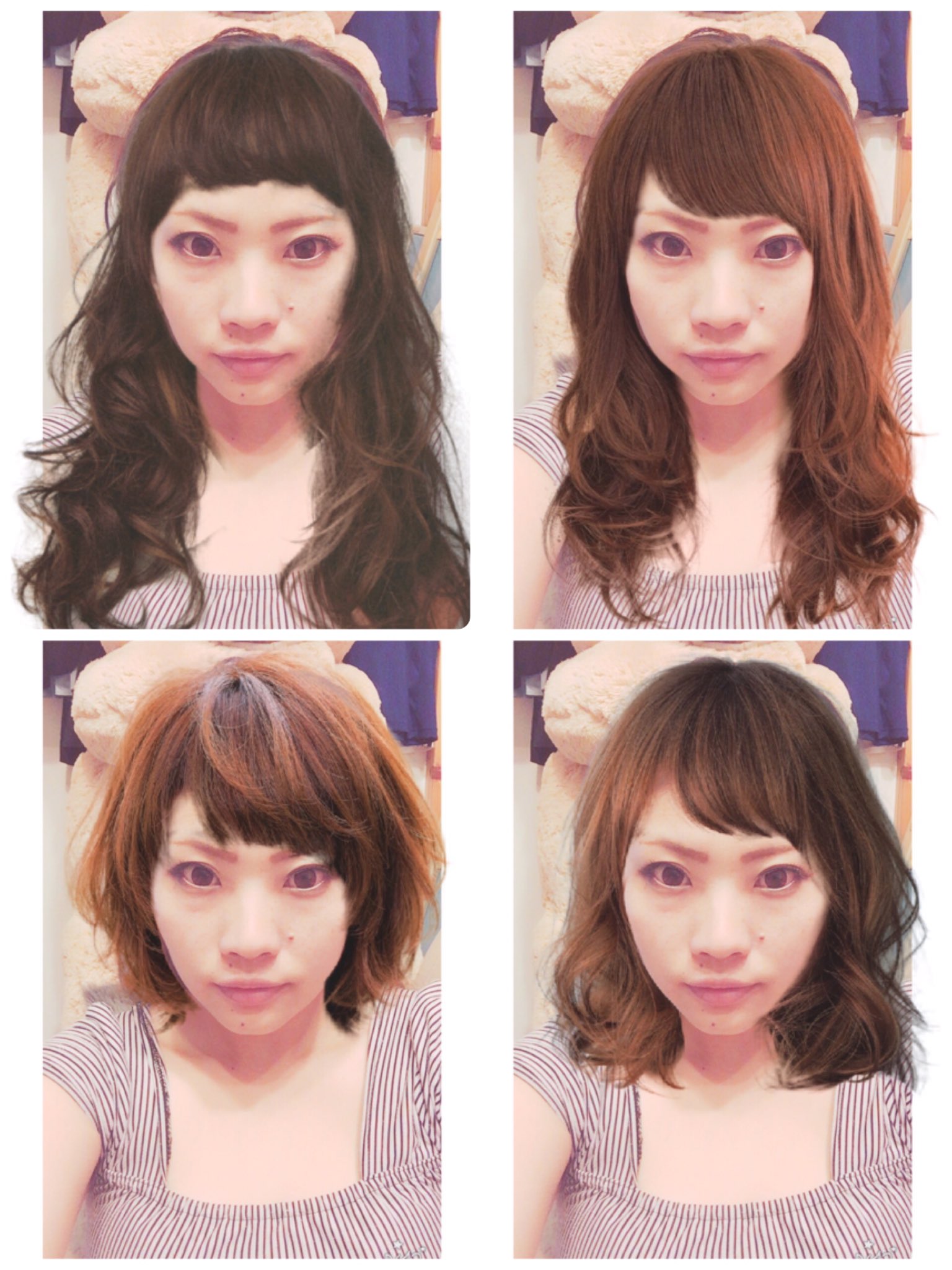 Twitter 上的 Aoi 前髪切る前にアプリで短い前髪試してたんだけど おん眉もいけるかもしれない って変な自信が湧いてきたけど 現実は怖くて眉下 そしてロングが好きだけど なんやかんやショートのがしっくりくる ちょっと辛い W 右上みたいな髪型が