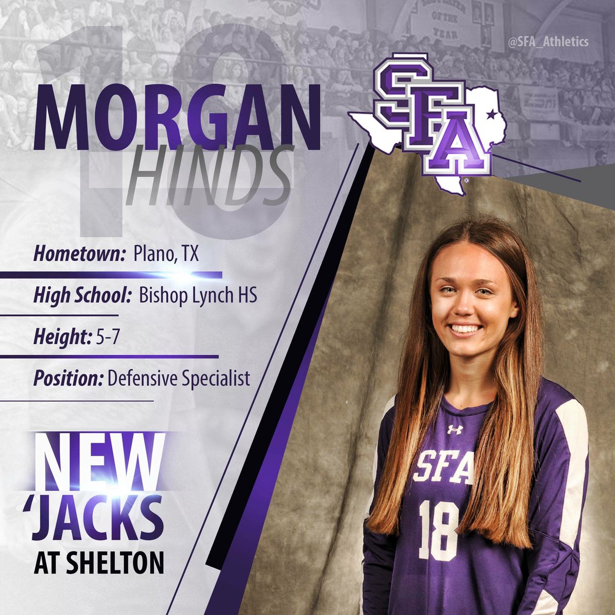 SFA_Volleyball's tweet photo. Meet Morgan Hinds, 'Jacks! - your newest DS for #SFAVB. Morgan and your Ladyjacks will be live on ESPN3 at home games in the Fall. πͺπ #AxeEm https://t.co/tYWQ3yZEZU