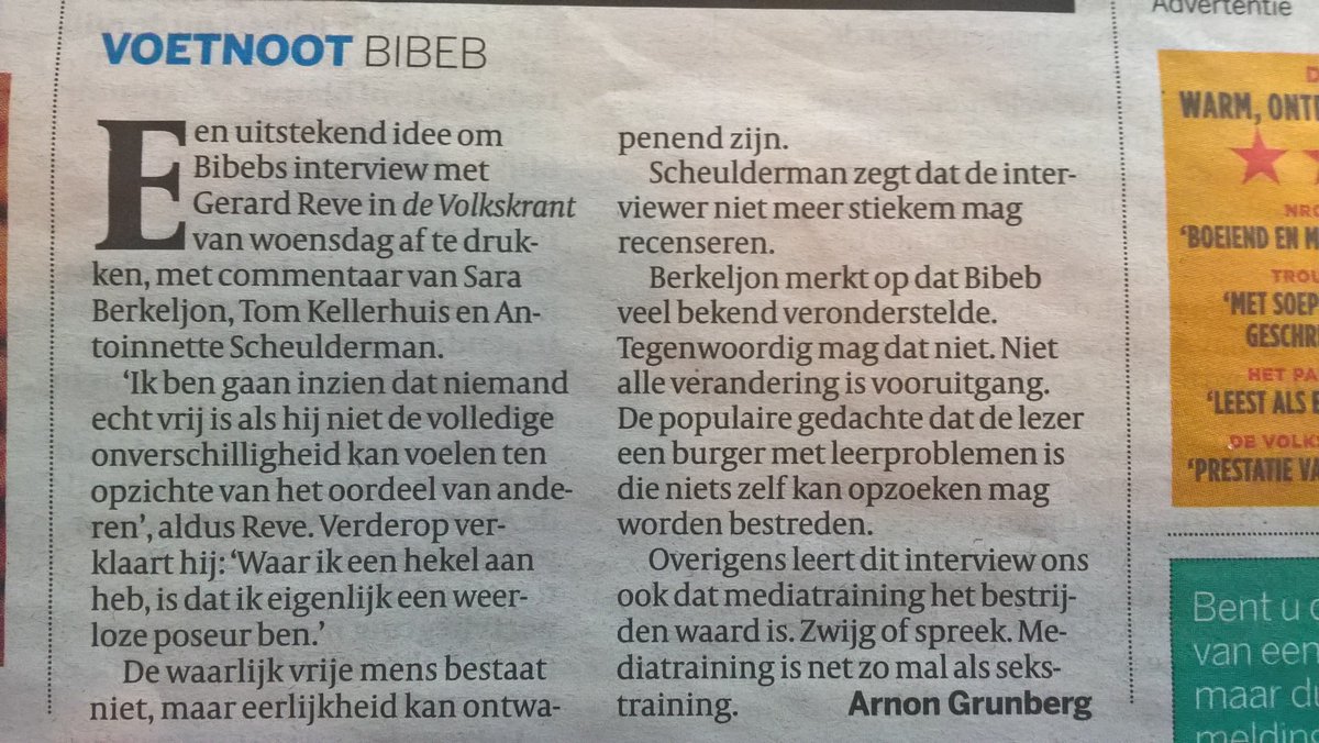bibliofilie's tweet photo. Ik ben wel benieuwd hoeveel we van Arnon Grunberg te weten zouden zijn gekomen als #Bibeb hem zou hebben geïnterviewd. @arnonyy @volkskrant https://t.co/EA0TfYu1Zc