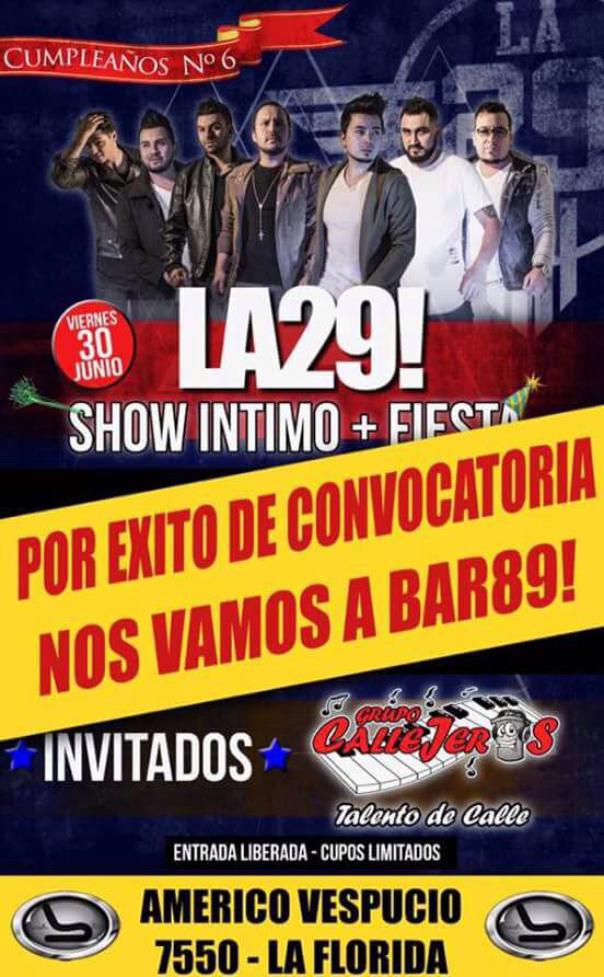 Lanzadoscl's tweet photo. ¡Feliz Cumpleaños @grupola29 !
Esta noche se celebra a lo grande en #Bar89 (La Florida). https://t.co/k4hxUyvGP0