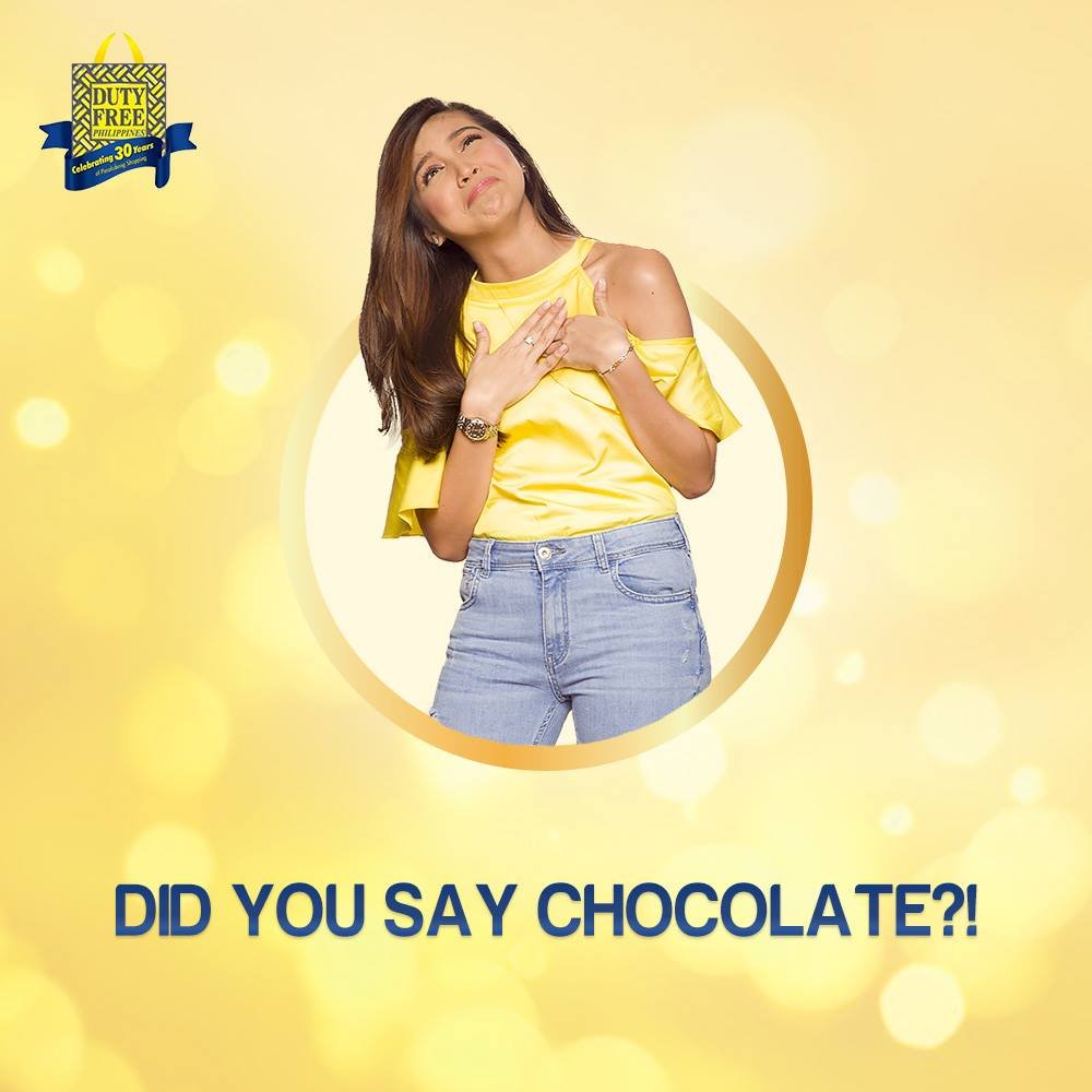 dutyfreephils's tweet photo. Share and tag your friends na sobrang obsessed sa chocolates! #DFP30 #DutyFreePhilippines #DutyFreeMaineEvent Maine Mendoza #ALDUBYourSmile https://t.co/myKOH7Uzrq