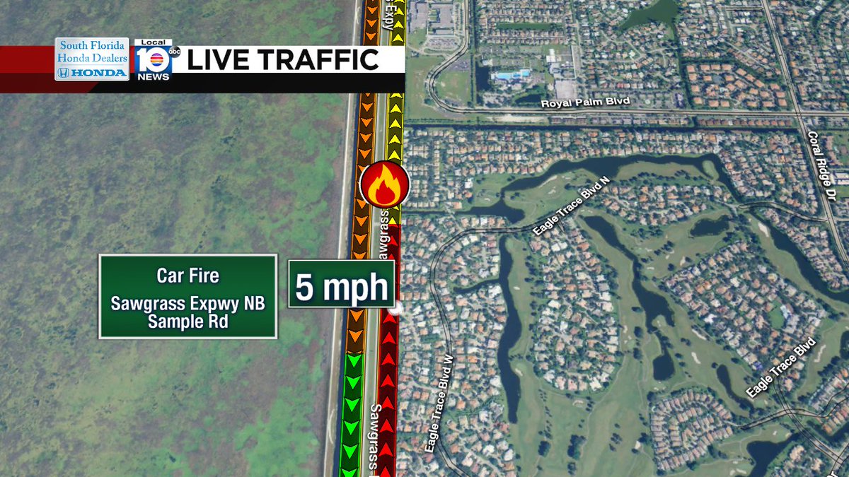 Car fire on Sawgrass Expwy NB before Sample Rd #trafficalert https://t.co/TElK4GIKkp
