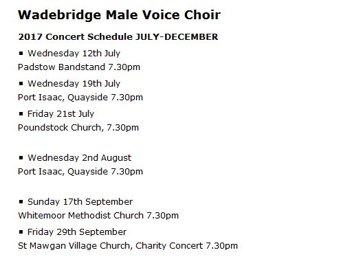 #Wadebridge Male Voice Choir 2017 Concert Schedule JULY-SEPTEMBER #Cornwall <a href="/Tweet_Bus/">Dave French - Digital Nomad and innovator.</a> <a href="/laurencereed/">Laurence Reed UK🎙TV/Radio/Papers/ On-line</a> <a href="/ChurchfieldJE/">James Churchfield</a> <a href="/piratefm/">Pirate</a> <a href="/CornishLocal/">Guide to Cornwall</a>