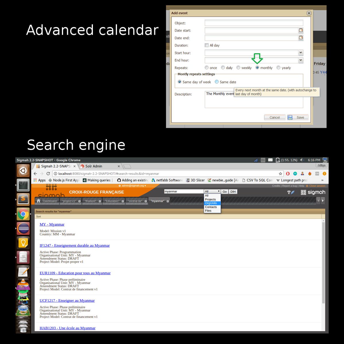 sigmah's tweet photo. See what a great work our two #GSoC2017 students have already done for an Advanced Calendar and a Search Engine in @sigmah! https://t.co/RnyCNjOGTs