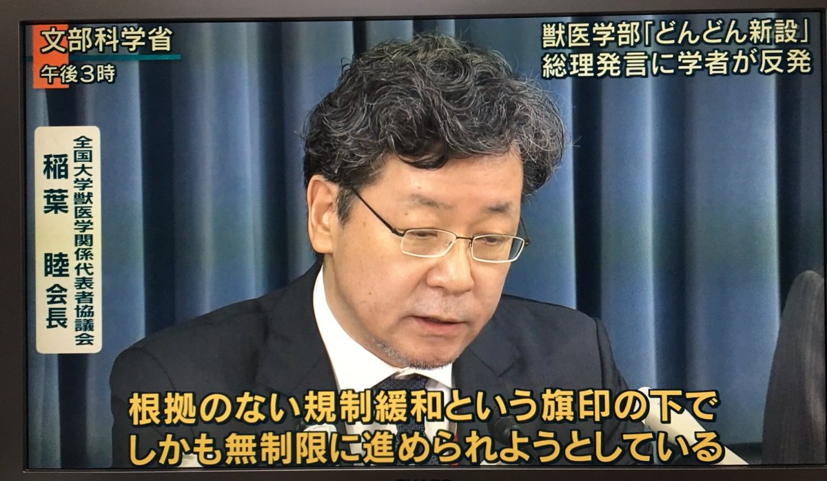 首相の「獣医学部全国展開どんどん新設」発言（頭にきたから言ったんだ！）について、北大獣医学研究科の稲葉睦教授。安倍発言に強い危機感、と。＃報ステ