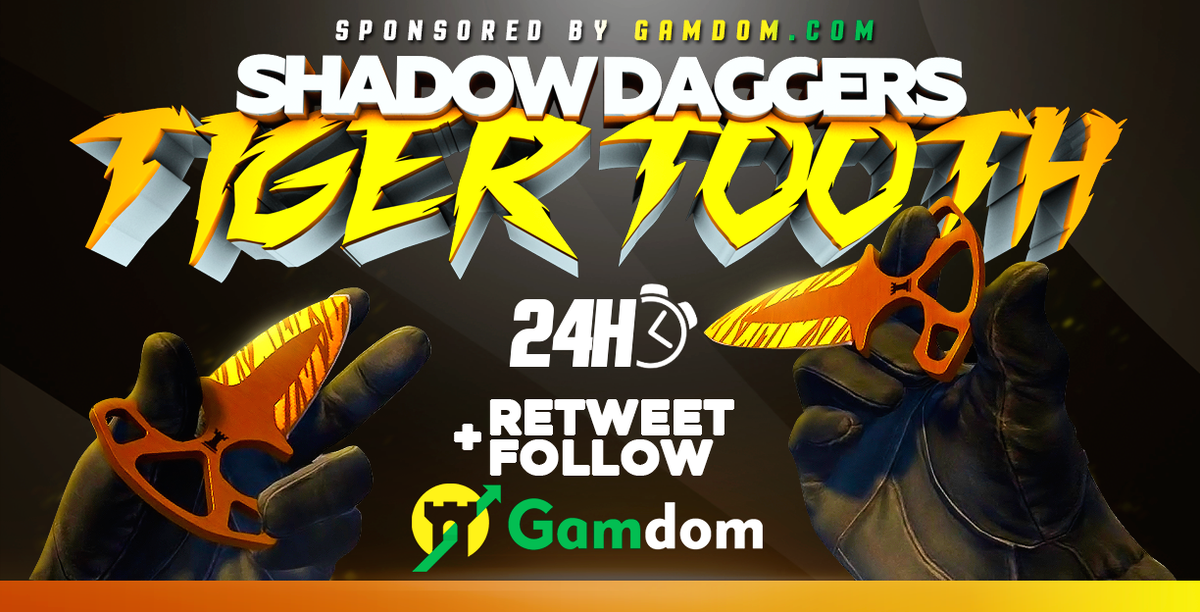 gamdom's tweet photo. 🎁 DAILY Giveaway 🎁

🔫FN Shadow Daggers | Tiiger Tooth🔫

✅ Retweet
✅ Follow us @GamdomOfficial

The winner will be picked in 24h hours! https://t.co/eakUuIzgOt