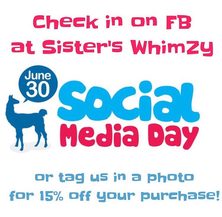 sisterswhimzy's tweet photo. It's International Social Media Day, check in at the shop or tag us in a photo for 15% off your next purchase! #SocialMediaDay #shoplocalmj https://t.co/34EsR8saWQ