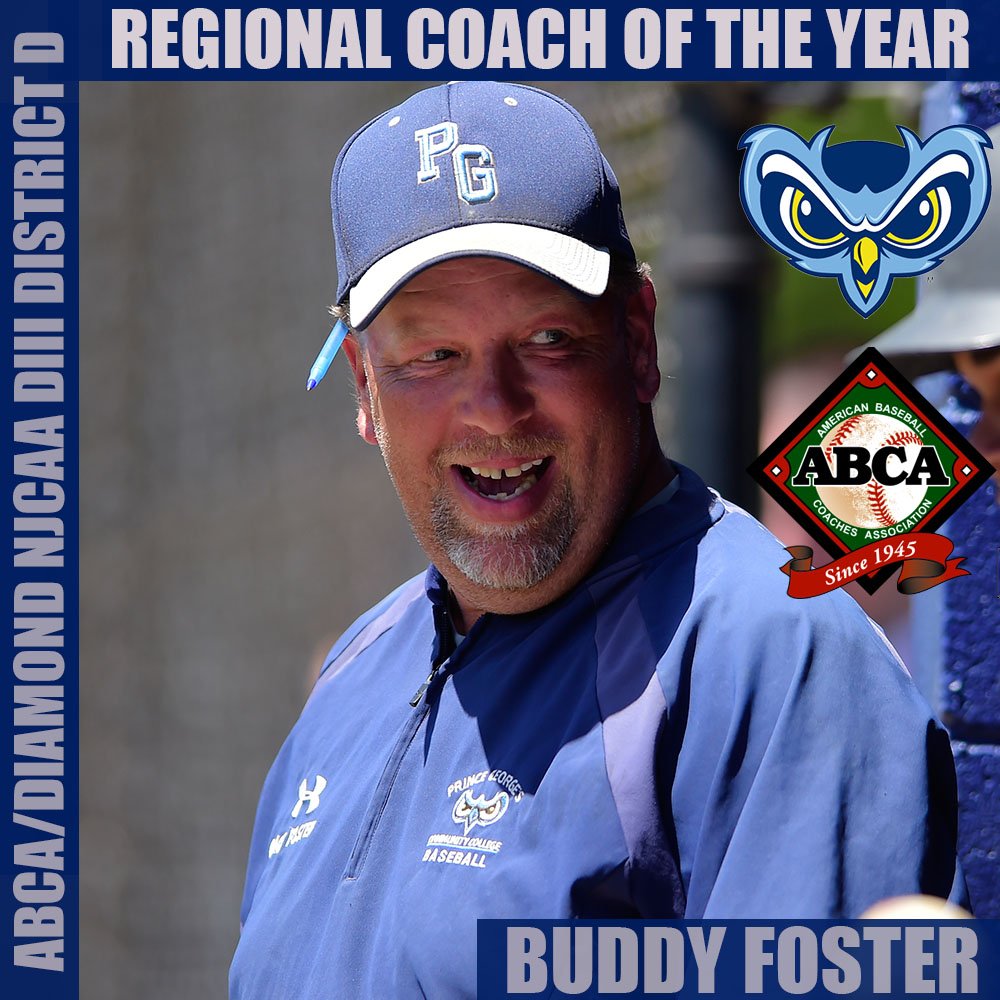 PGCCOWLS's tweet photo. Congratulations to #PGCC_BASEBALL head coach Buddy Foster, ABCA/Diamond NJCAA DIII District D Regional Coach of the Year #hootit #owlpride https://t.co/C1ZSrfwAJO