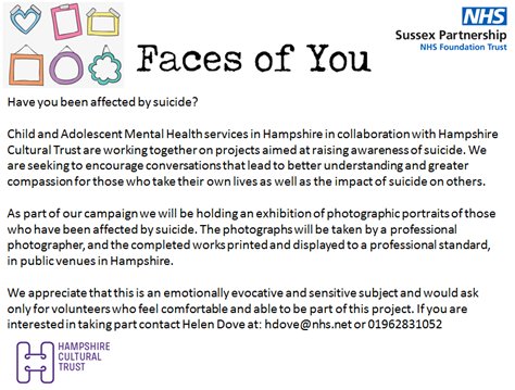 HANTS_CAMHS's tweet photo. Are you or someone you know interested in being part of #FacesofYou project. Its vital to raise awareness and reduce stigma around suicide https://t.co/0dCVkqyjga