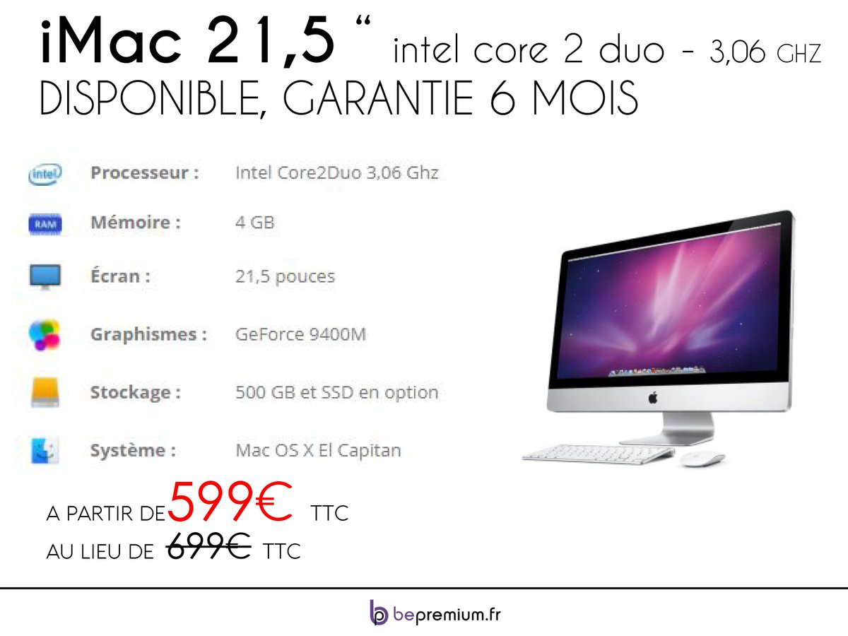 Bon plan #apple iMac 21 C2D 500GB à seulement 599€TTC <a href="/BonsPlansApple/">Bons Plans Apple</a> bepremium.fr/imac-215-core2…