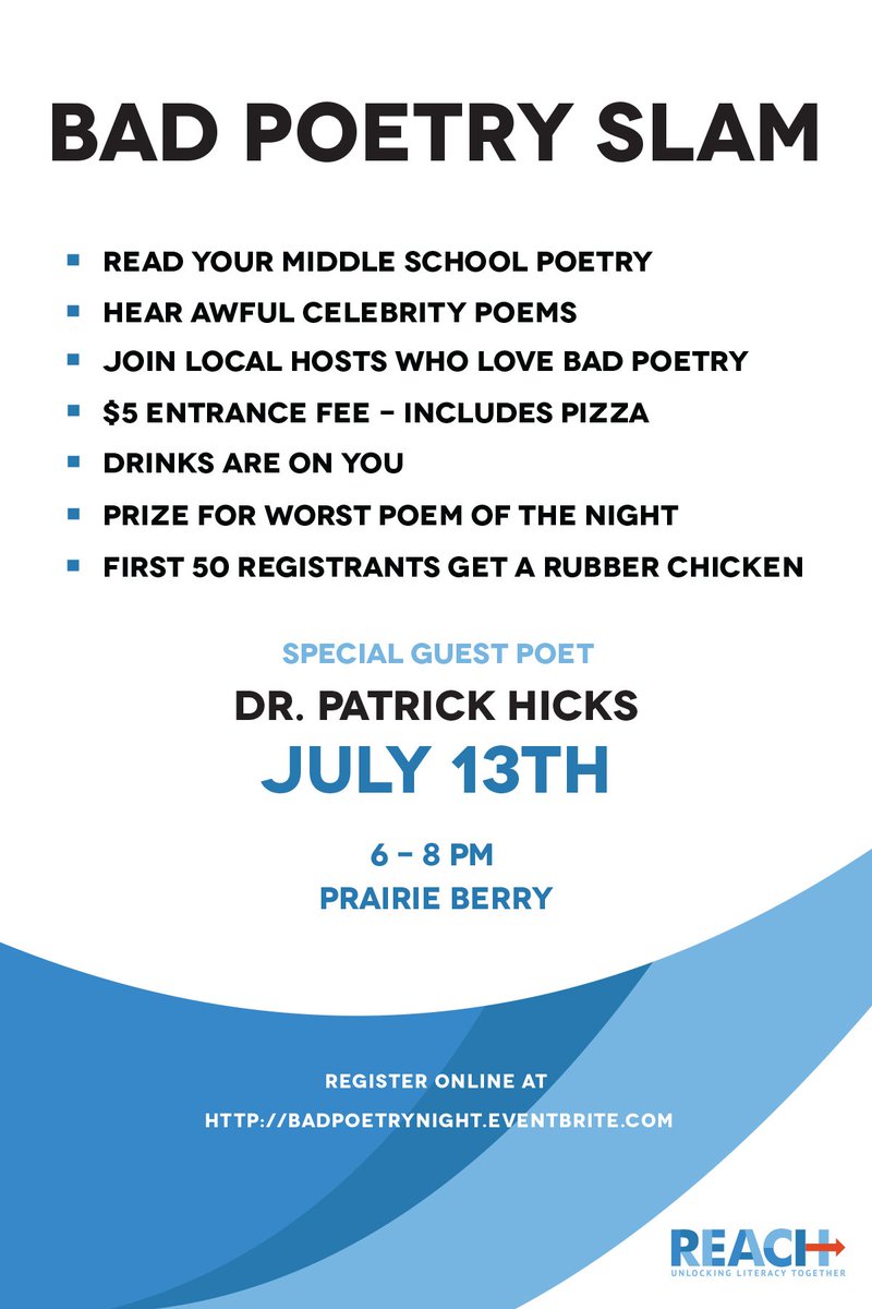 PaigeCarda's tweet photo. You know you wrote angsty poetry as a middle school kid. Come read it at our BAD Poetry Slam. #poetry #badpoetry #literacy #prairieberry https://t.co/WDZfCEITaQ