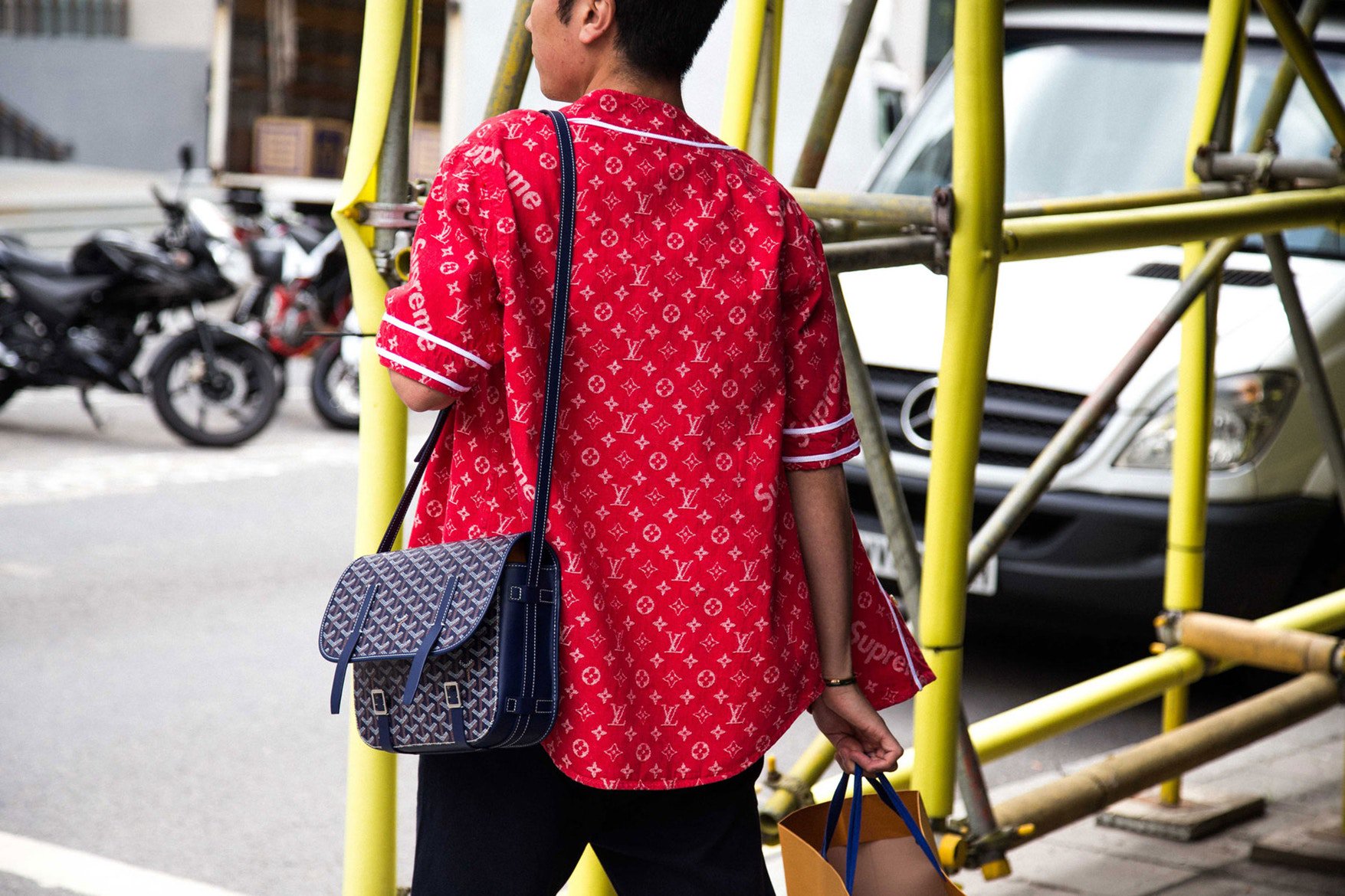 Supreme, Jacquard Denim Baseball Jersey (Red) (2017)