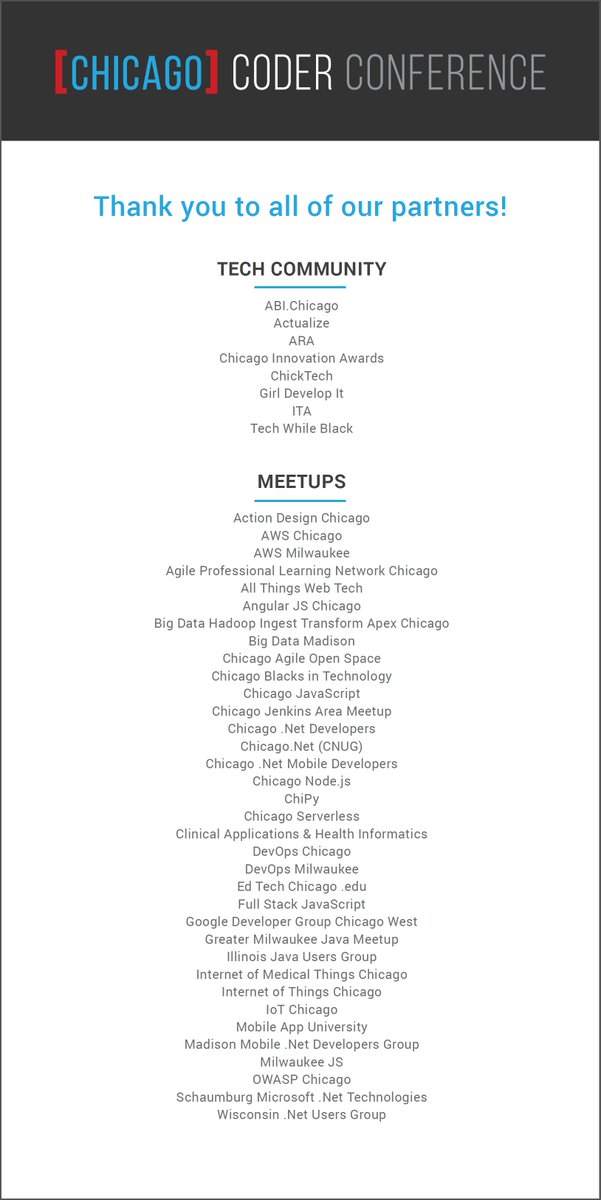 CoderConference's tweet image. Thank you to our tech community and meetup partners for their support and participation in the 2017 Chicago Coder Conference! #gratitude