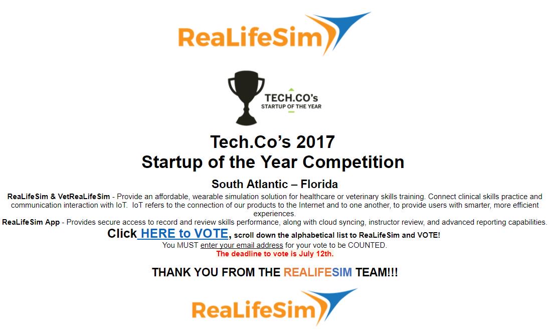 Support local tech startups! Click tech.co/vote-startup-s… to VOTE, scroll down the alphabetical list to ReaLifeSim and VOTE! Please share.