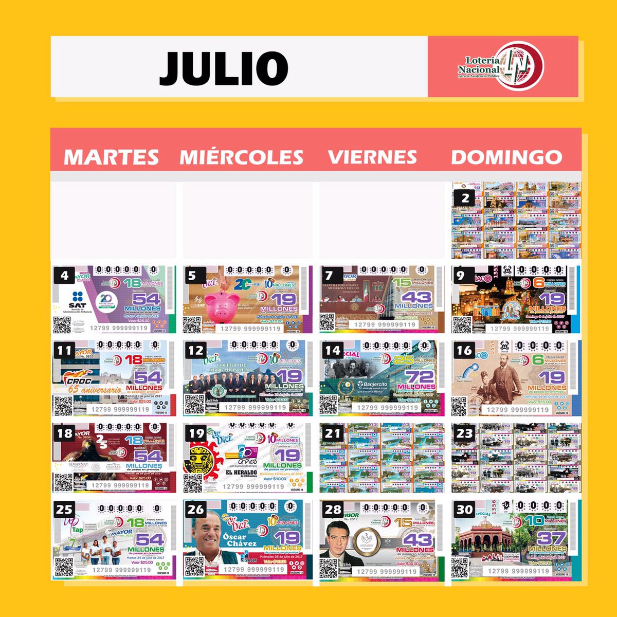 PedroPabloTrev's tweet photo. Listos para arrancar #Julio.Les comparto el #CalendarioDeSorteos que los hará millonarios. No olviden que el que no juega no gana. @lotenal https://t.co/jAobMYvUn4