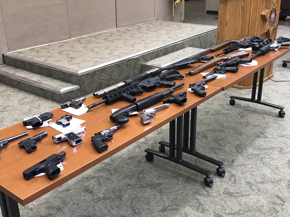 crimeshutterbug's tweet photo. Some of the displayed weapons siezed from #localterrorists during #operationgreenhand @sbcountyda Mike Ramos said https://t.co/mpW76WfcPU